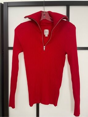 Maeve woman Bright Red Ribbed Zip-Up Sweater
